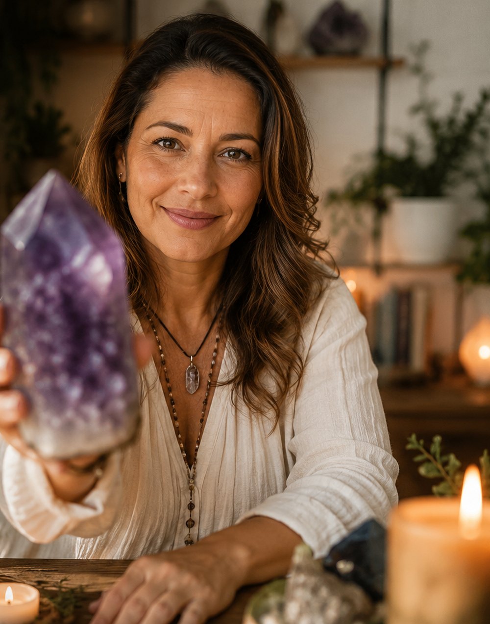 Mulher sorrindo segurando um cristal de ametista em um ambiente com velas e plantas