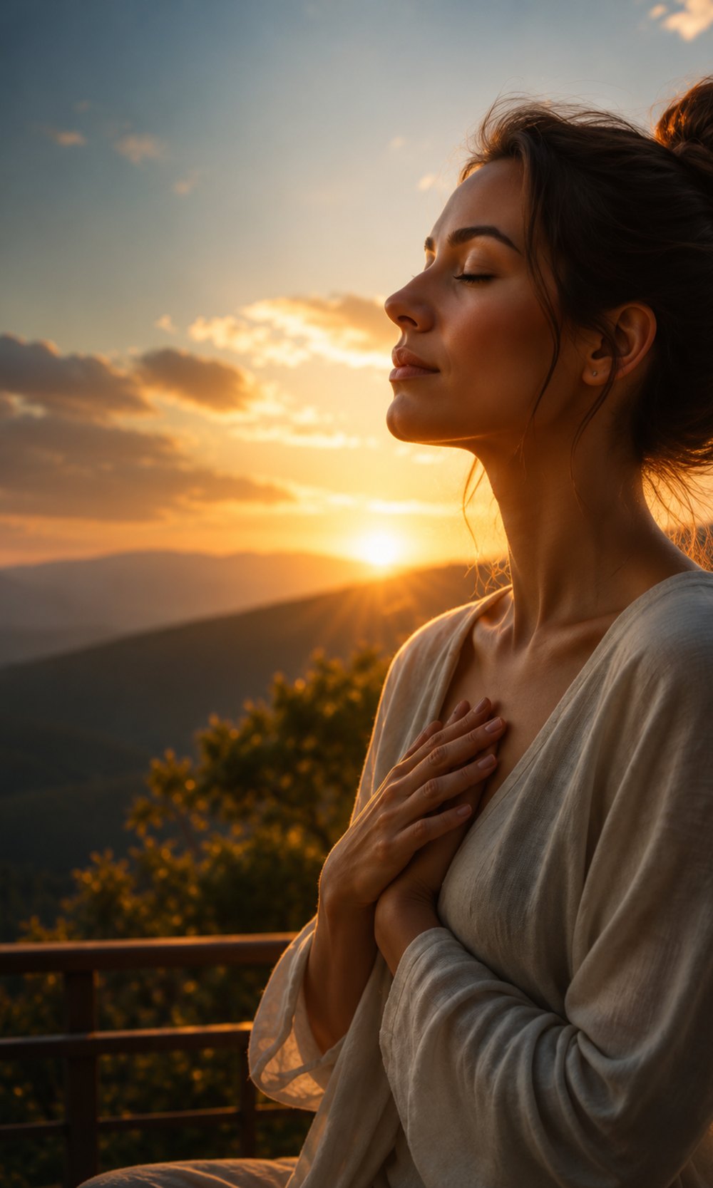 Mulher de olhos fechados com as mãos sobre o peito, respirando ao pôr do sol