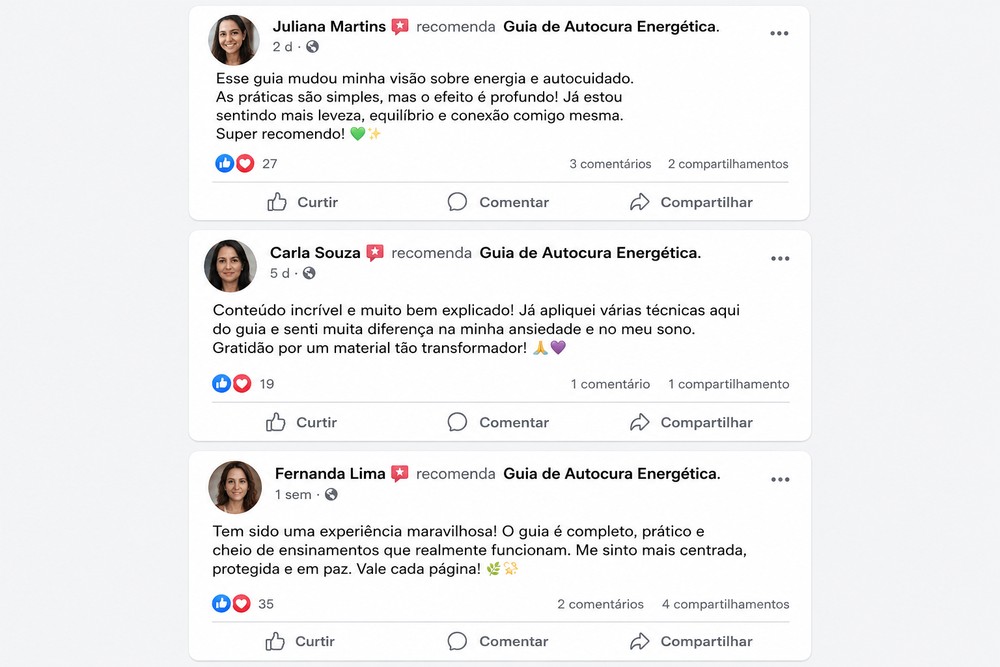 Prints de recomendações de leitoras sobre o Guia de Autocura Energética